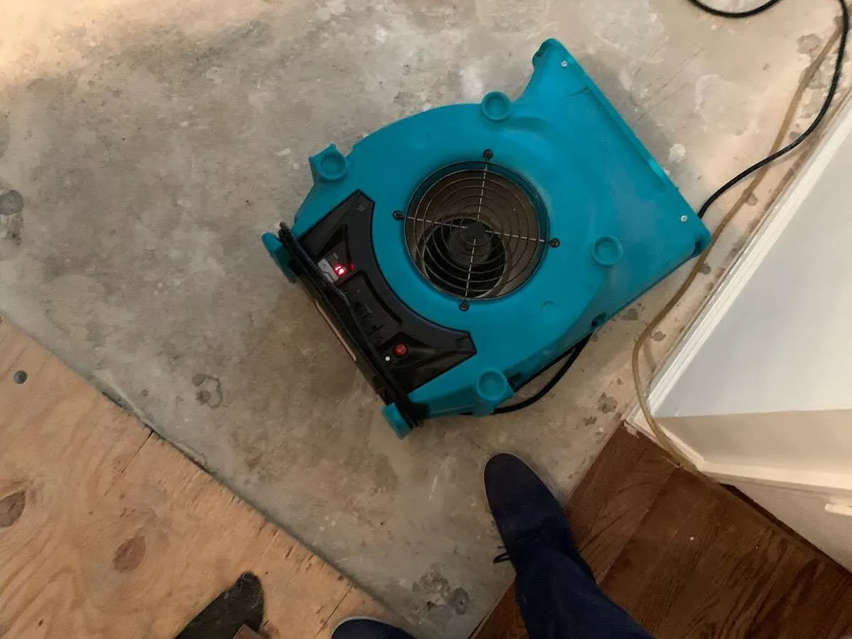 Air mover drying subfloor during Leak Detection & Repair in Malibu
